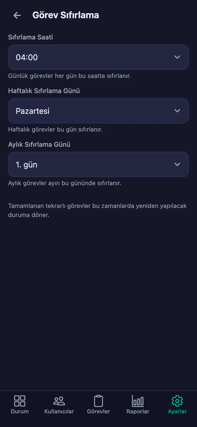 Günlük ödevlerin sıfırlanma saatini ve haftalık, aylık günlerini siz seçiyorsunuz.