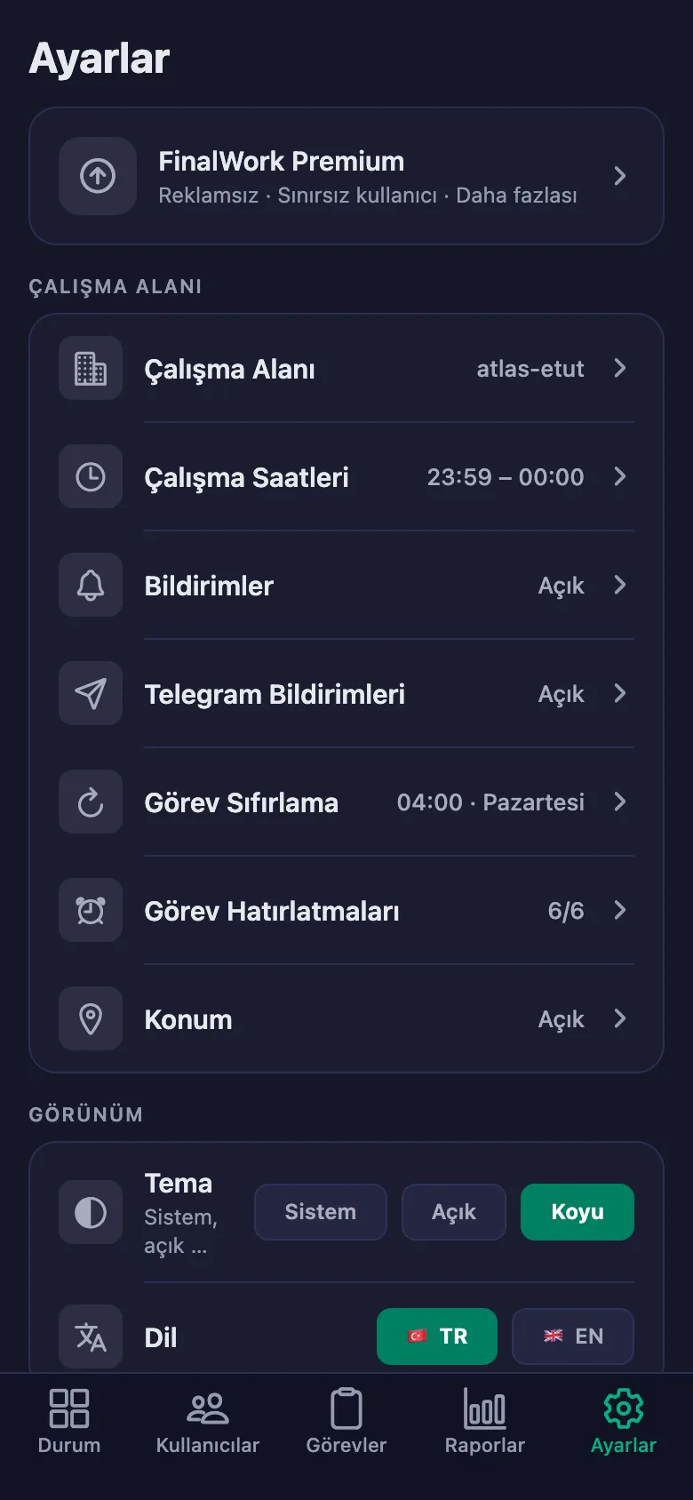 Günlük ödevlerin sıfırlanma saatini ve haftalık, aylık günlerini siz seçiyorsunuz.