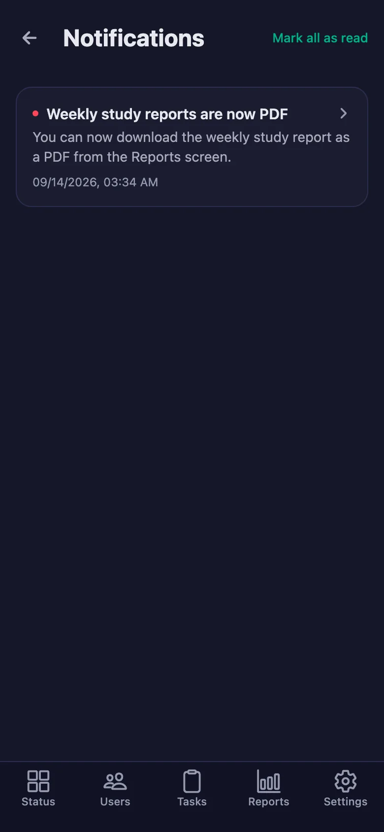 Download the report as a PDF; notifications can go to Telegram too.