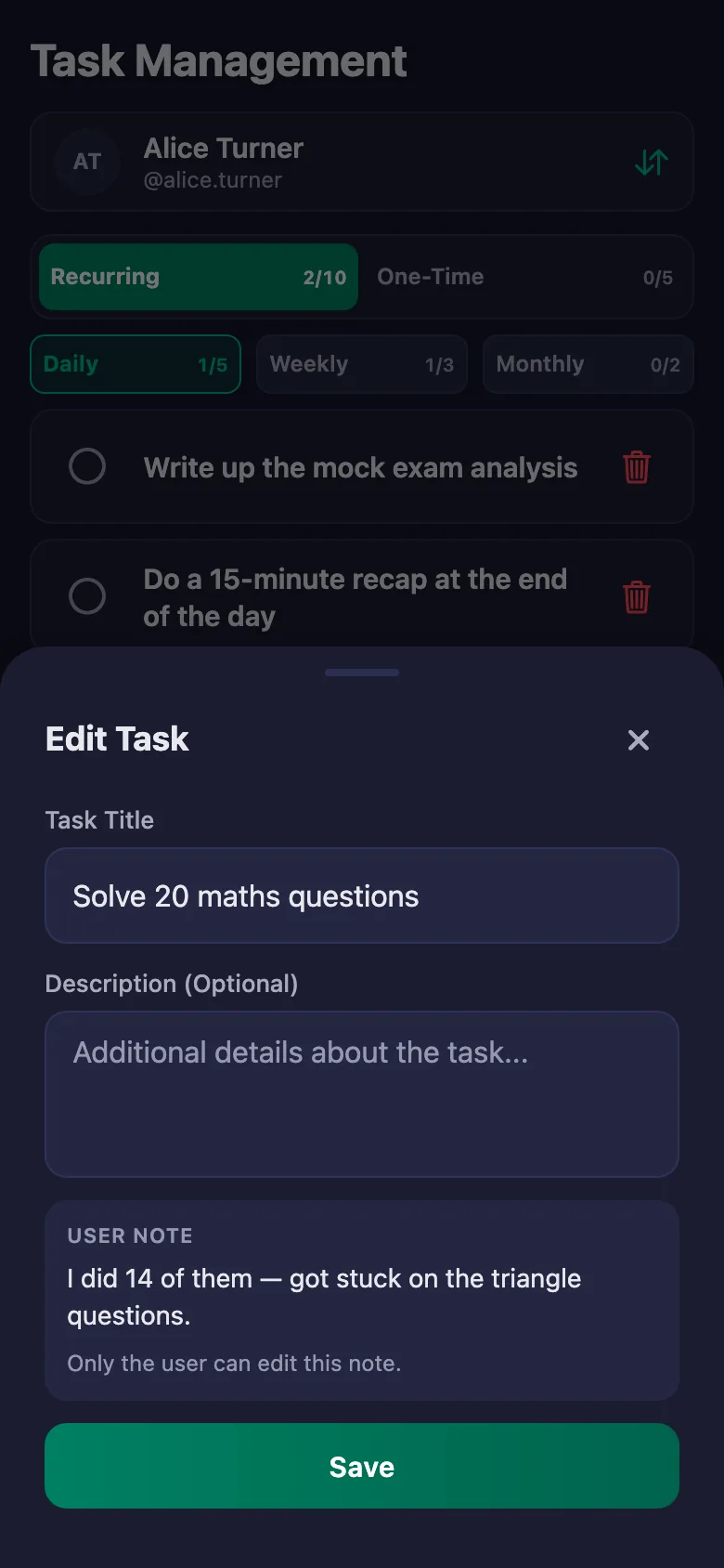 Add the homework item by item, and see the note your student wrote in the same place.