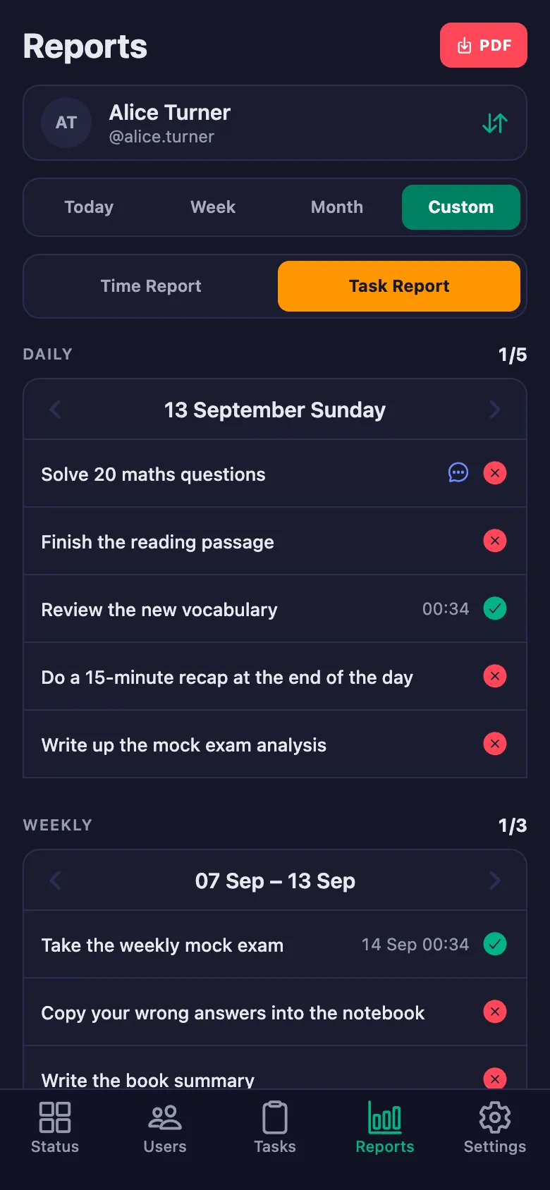 A day, a week, a month or a date range you pick yourself.