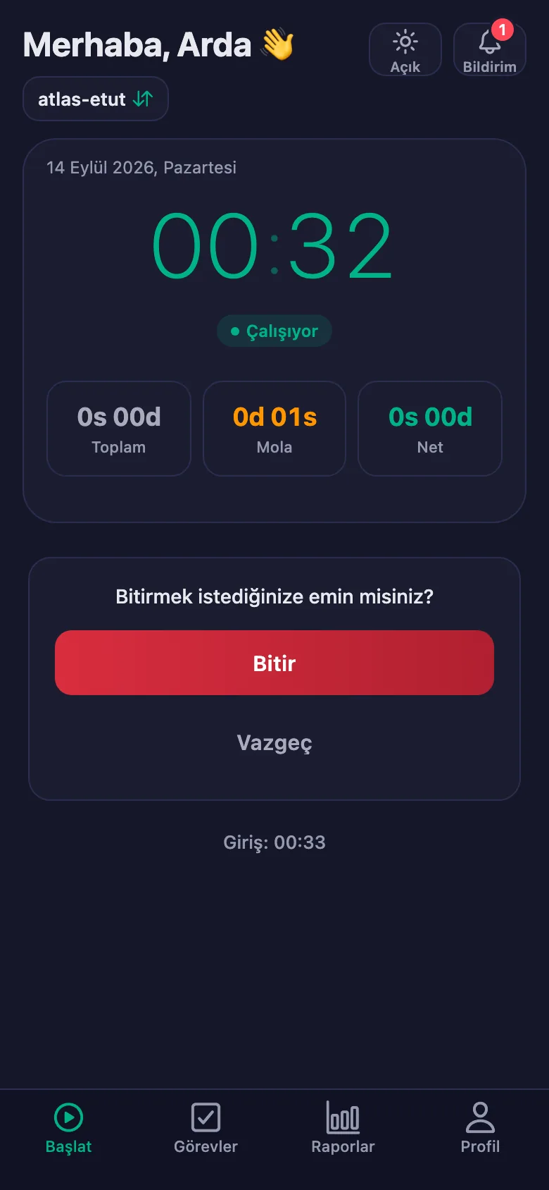 Onaydan sonra günün toplamı ve net süresi görünüyor.