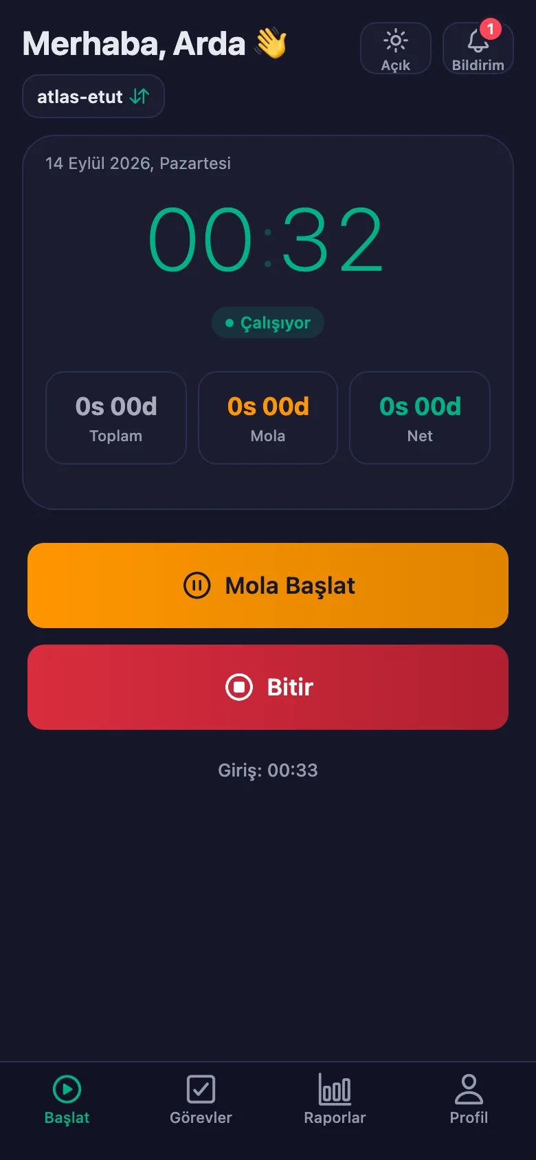 Tek dokunuş; süre saniye saniye işlemeye başlıyor.