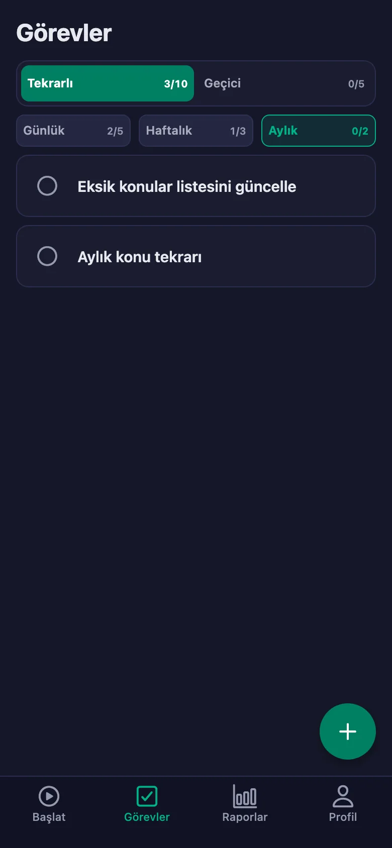 Günlük ödevler her gün yeniden açılıyor.