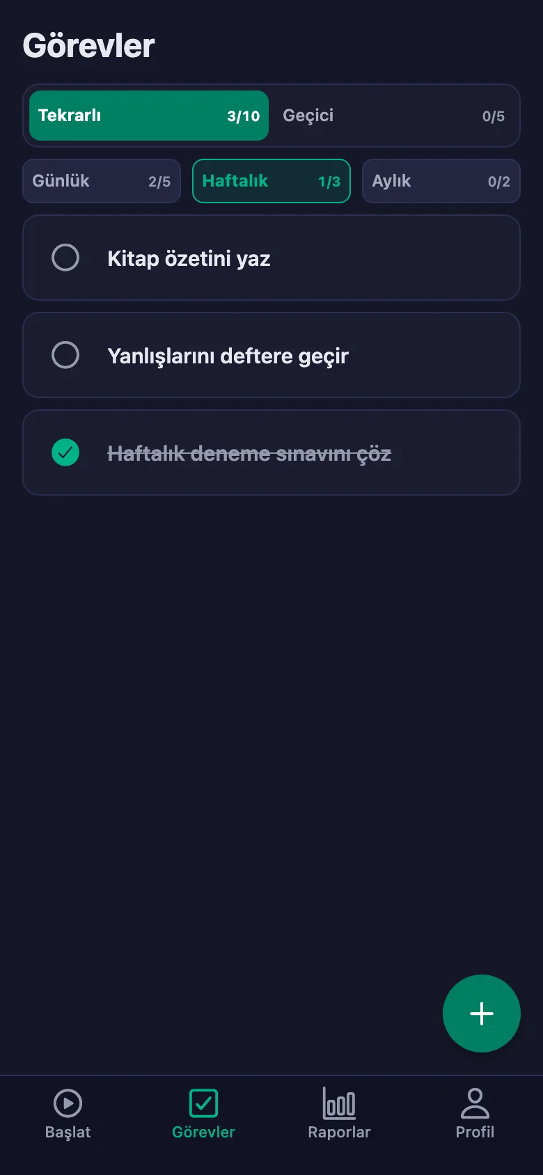 Günlük ödevler her gün yeniden açılıyor.