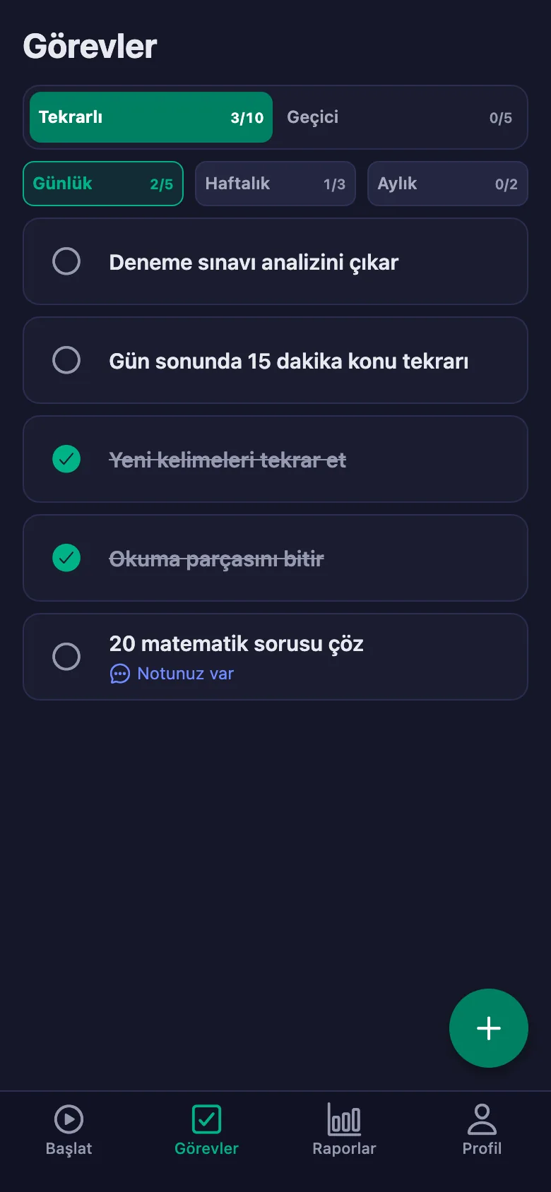 Günlük ödevler her gün yeniden açılıyor.