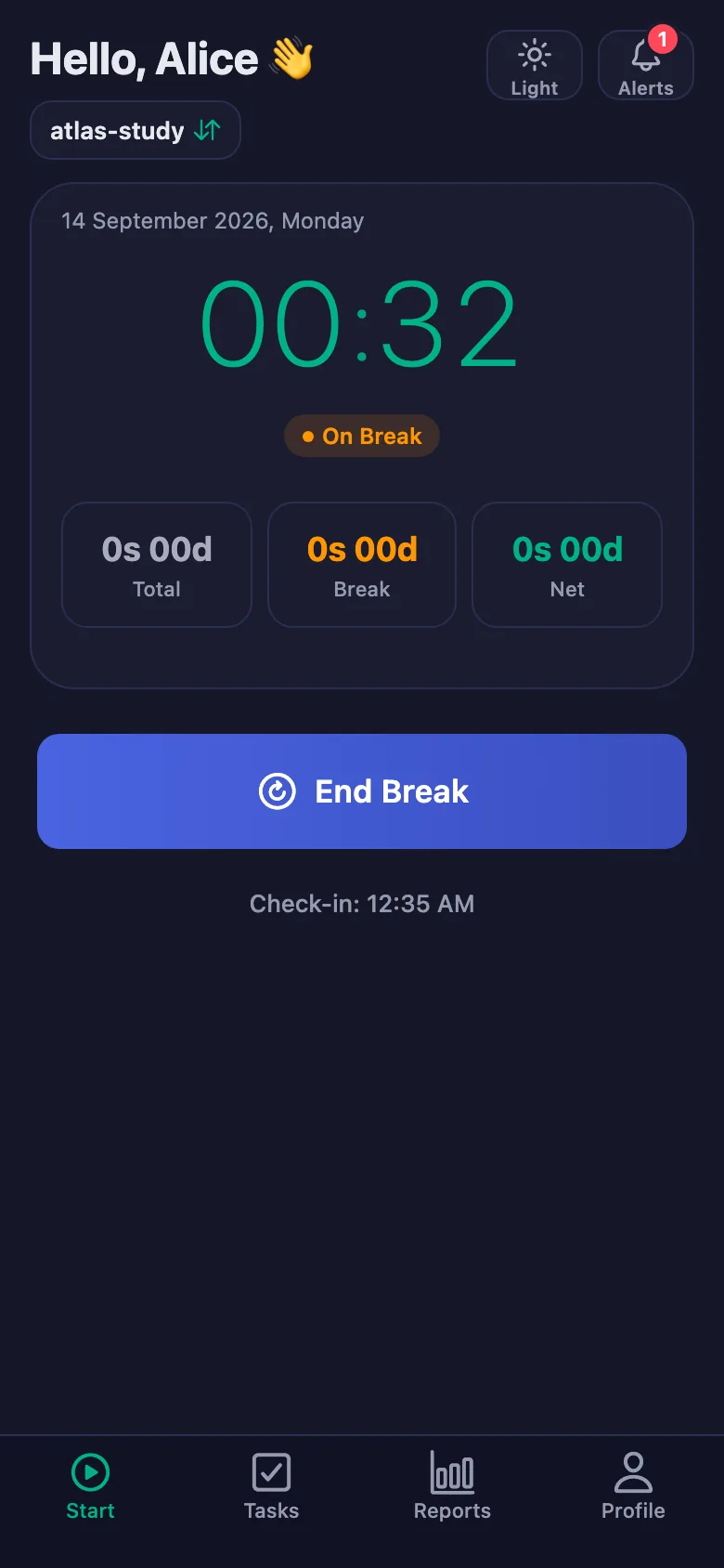 The break is counted separately and deducted from the net total.
