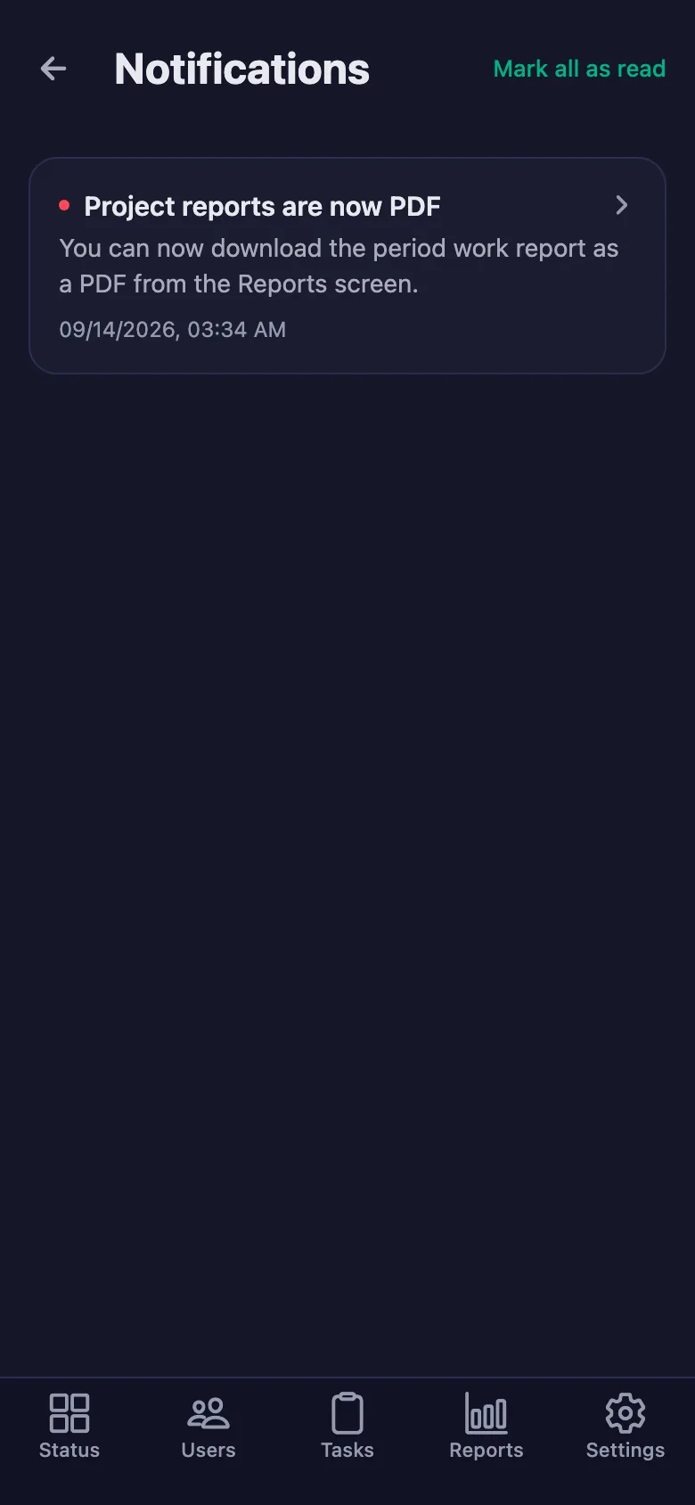 You download the report as a PDF; notifications can also go to Telegram if you want.
