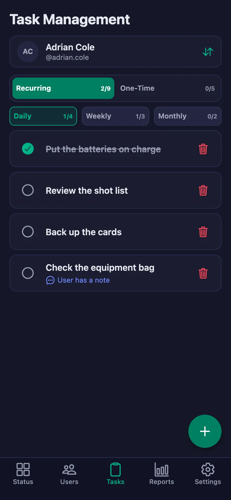 You add the equipment and backup checks one by one, and see your crew's note in the same place.