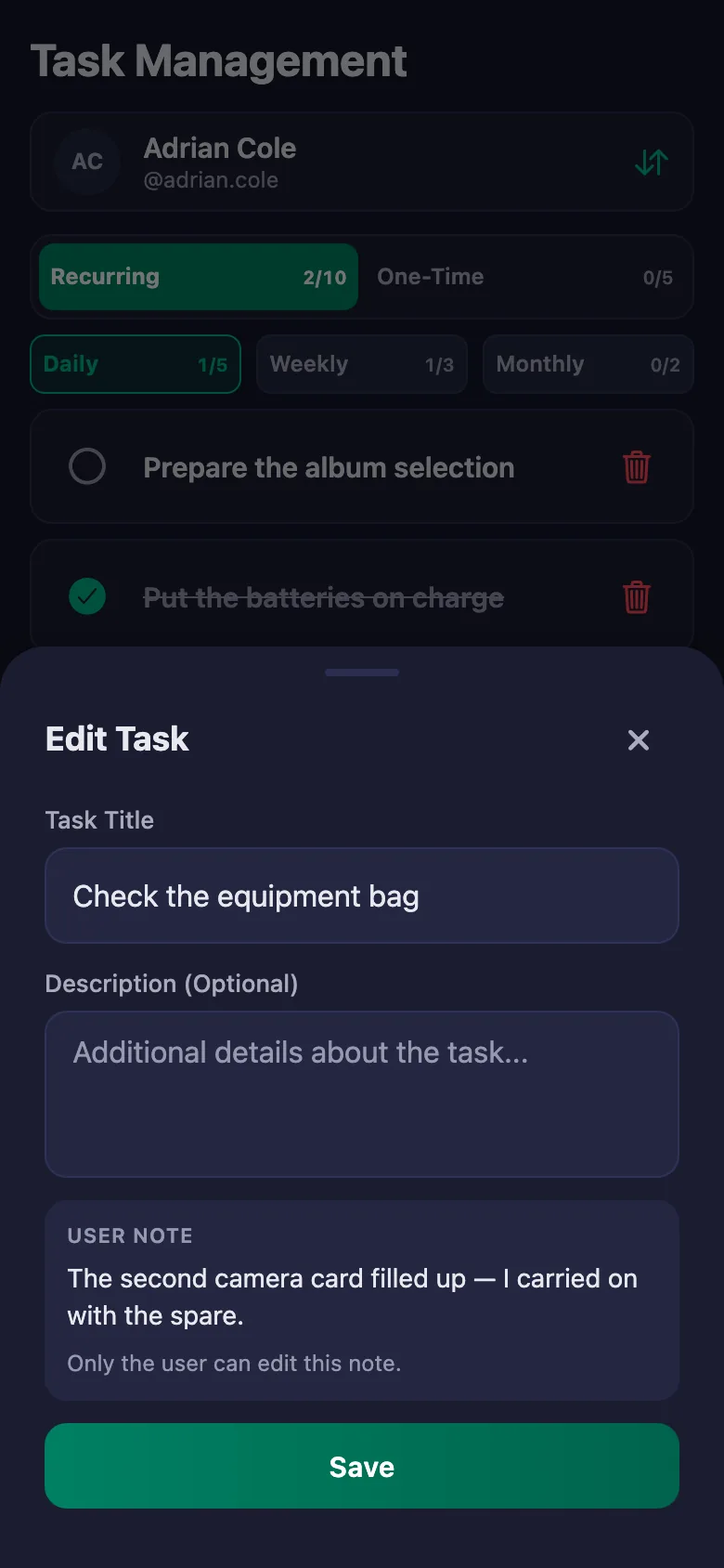 You add the equipment and backup checks one by one, and see your crew's note in the same place.