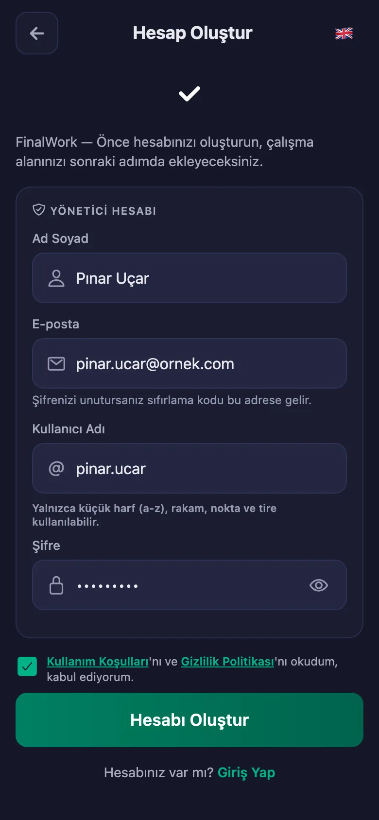Ad, kullanıcı adı ve şifre. Başka bilgi istenmiyor.