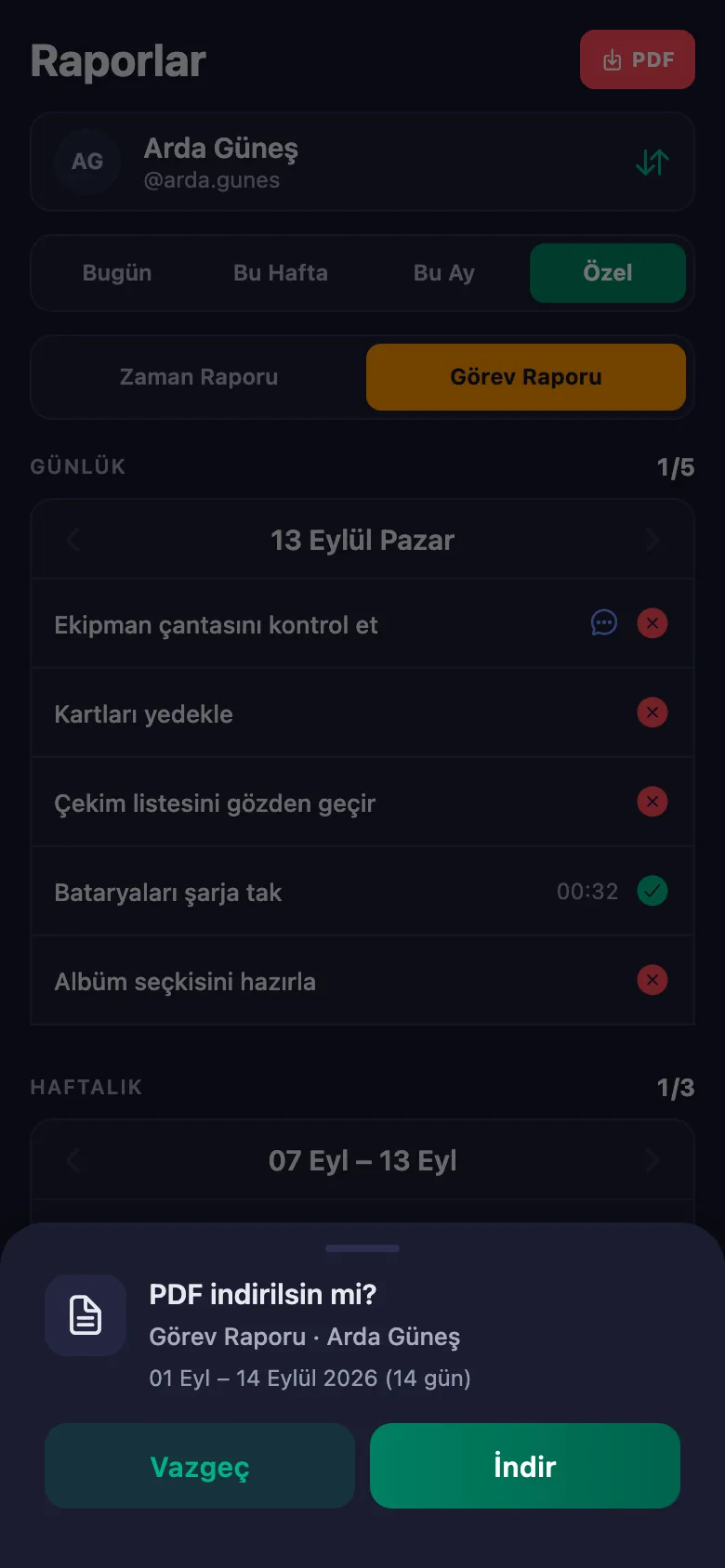 Gün, hafta, ay ya da kendi seçtiğiniz tarih aralığı.