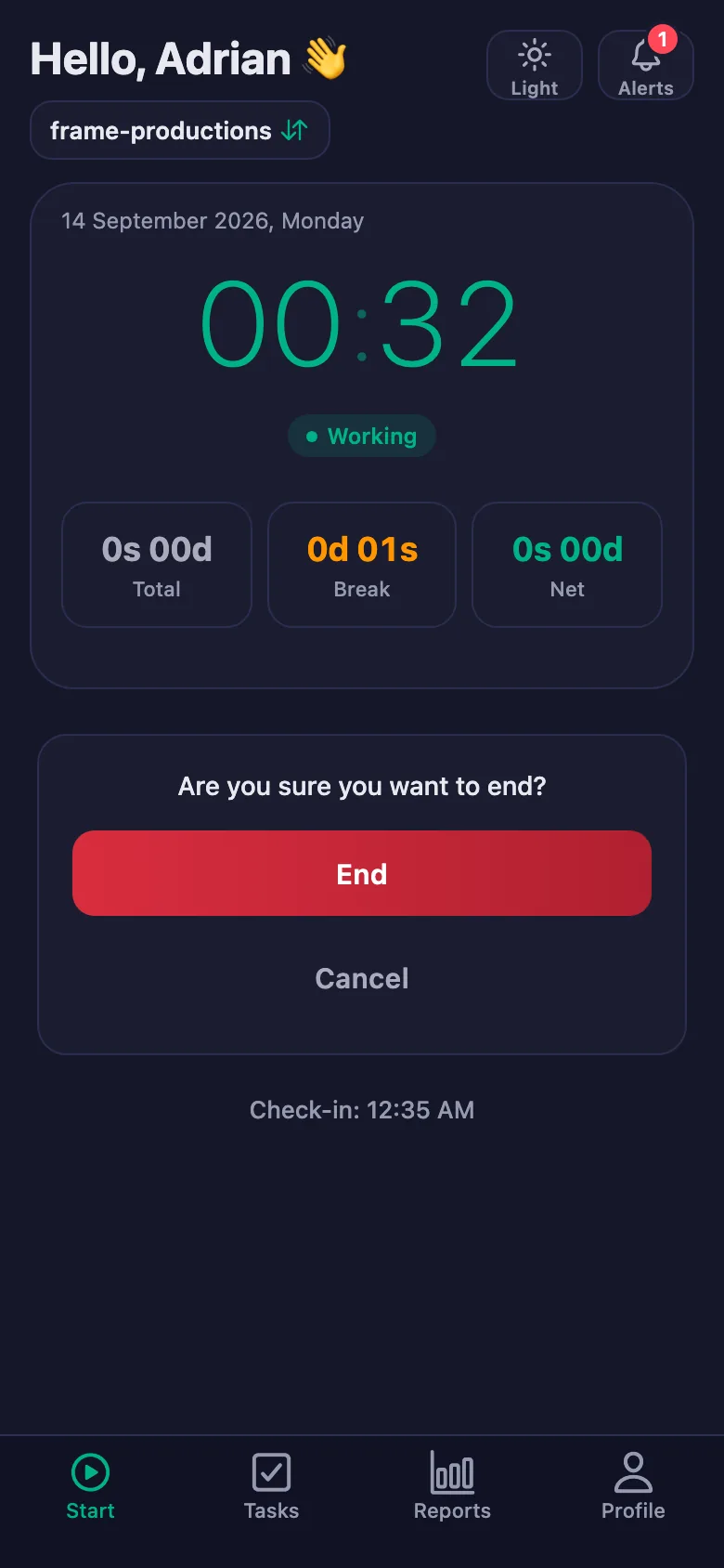 After you confirm, the day's total and net time appear.