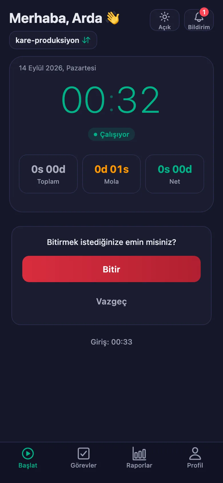 Onaydan sonra günün toplamı ve net süresi görünüyor.
