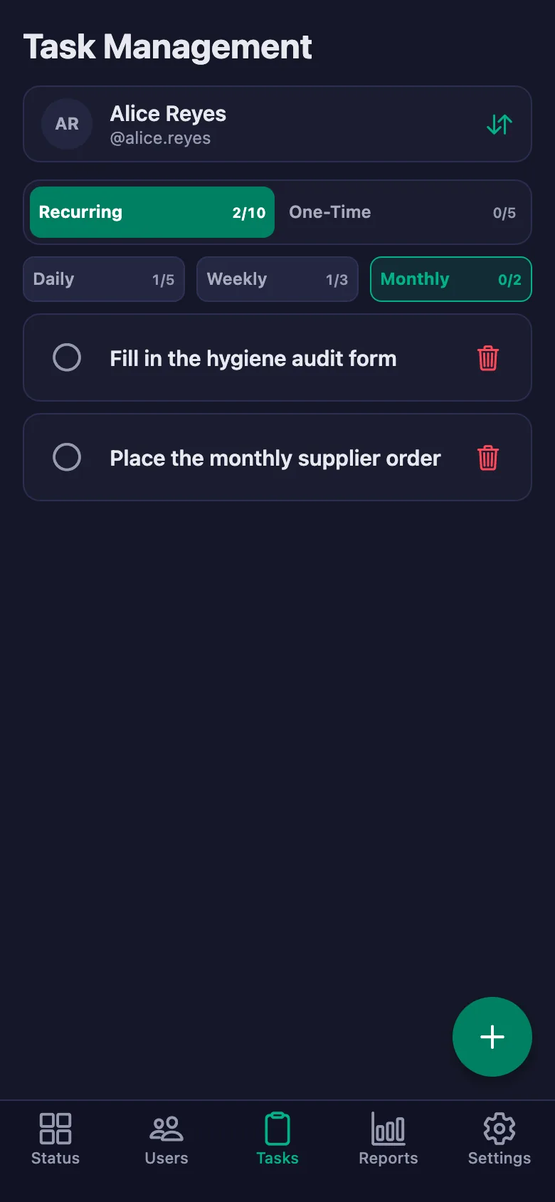 You add the opening and closing items one by one, and see your team's note in the same place.