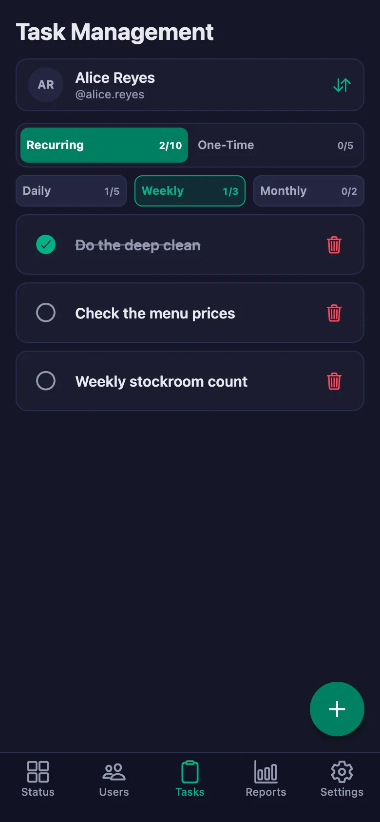 You add the opening and closing items one by one, and see your team's note in the same place.