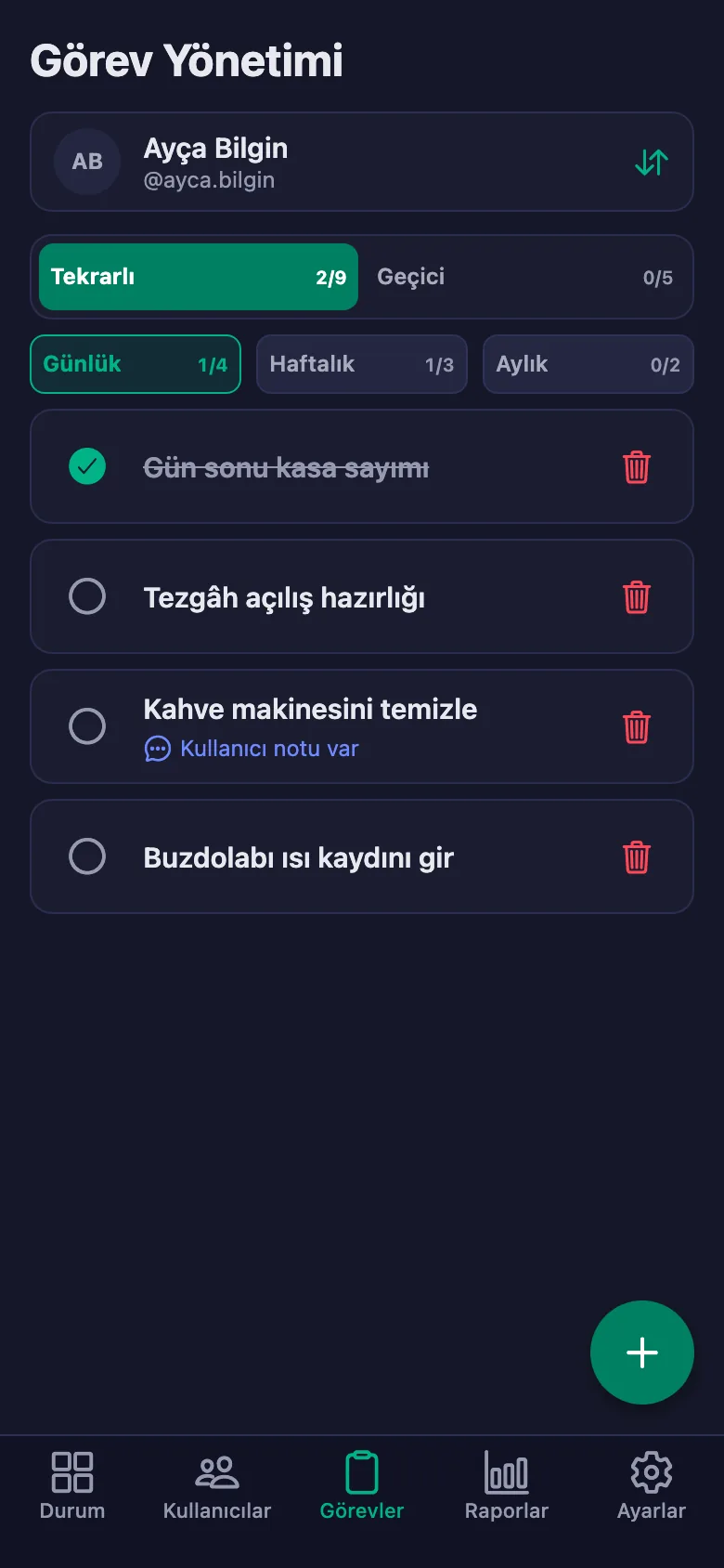 Açılış-kapanış maddelerini tek tek ekliyor, ekibin yazdığı notu aynı yerde görüyorsunuz.