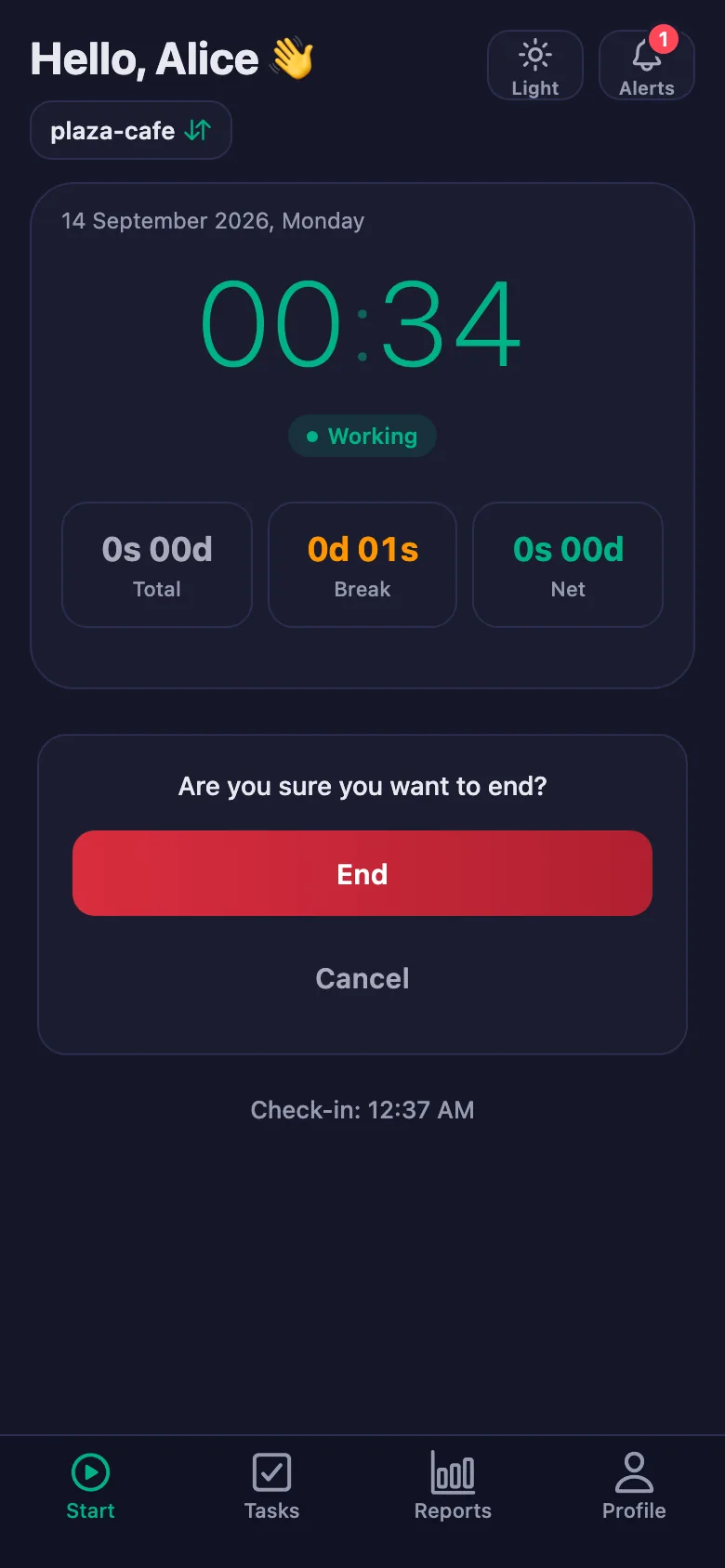 After you confirm, the day's total and net time appear.