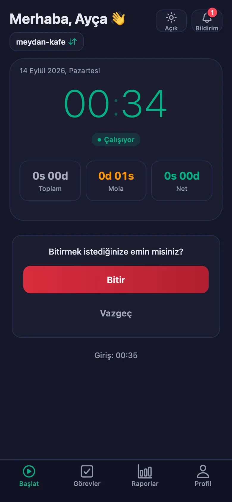Onaydan sonra günün toplamı ve net süresi görünüyor.