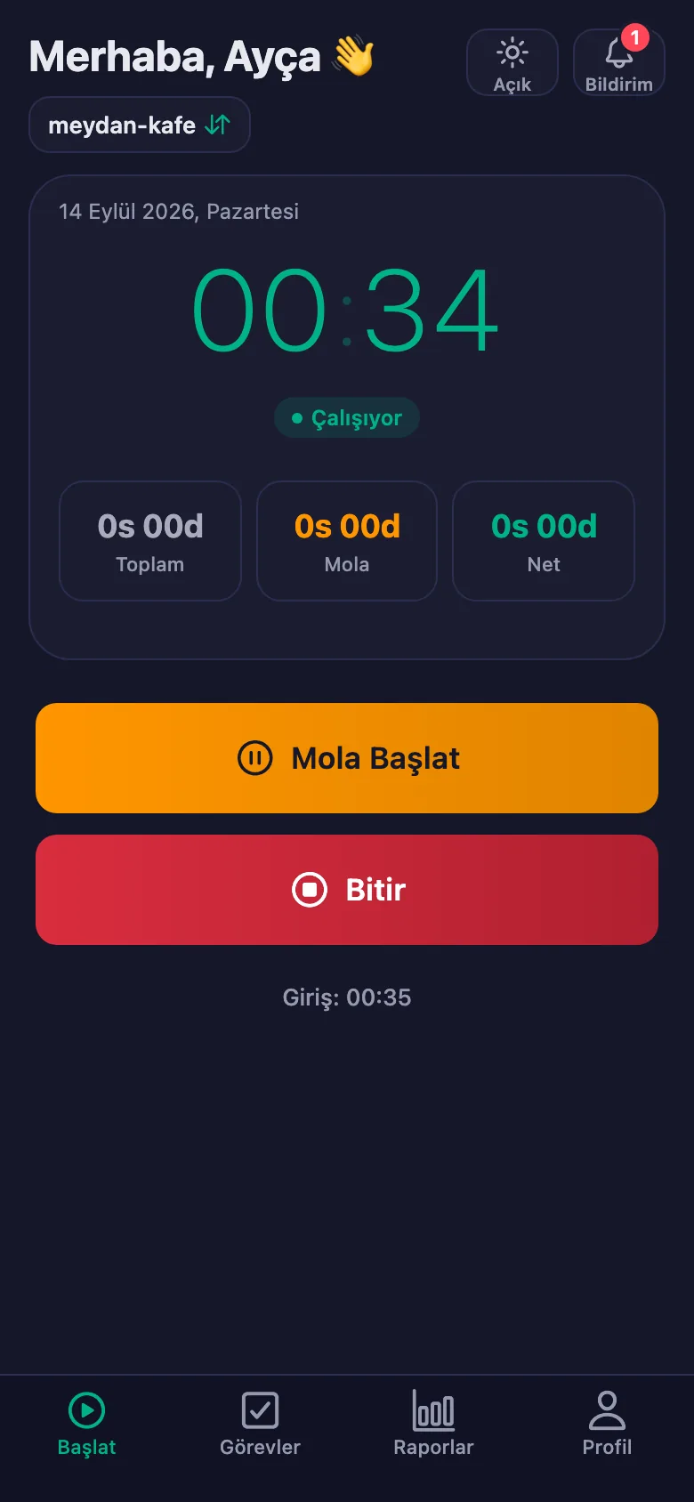 Tek dokunuş; süre saniye saniye işlemeye başlıyor.