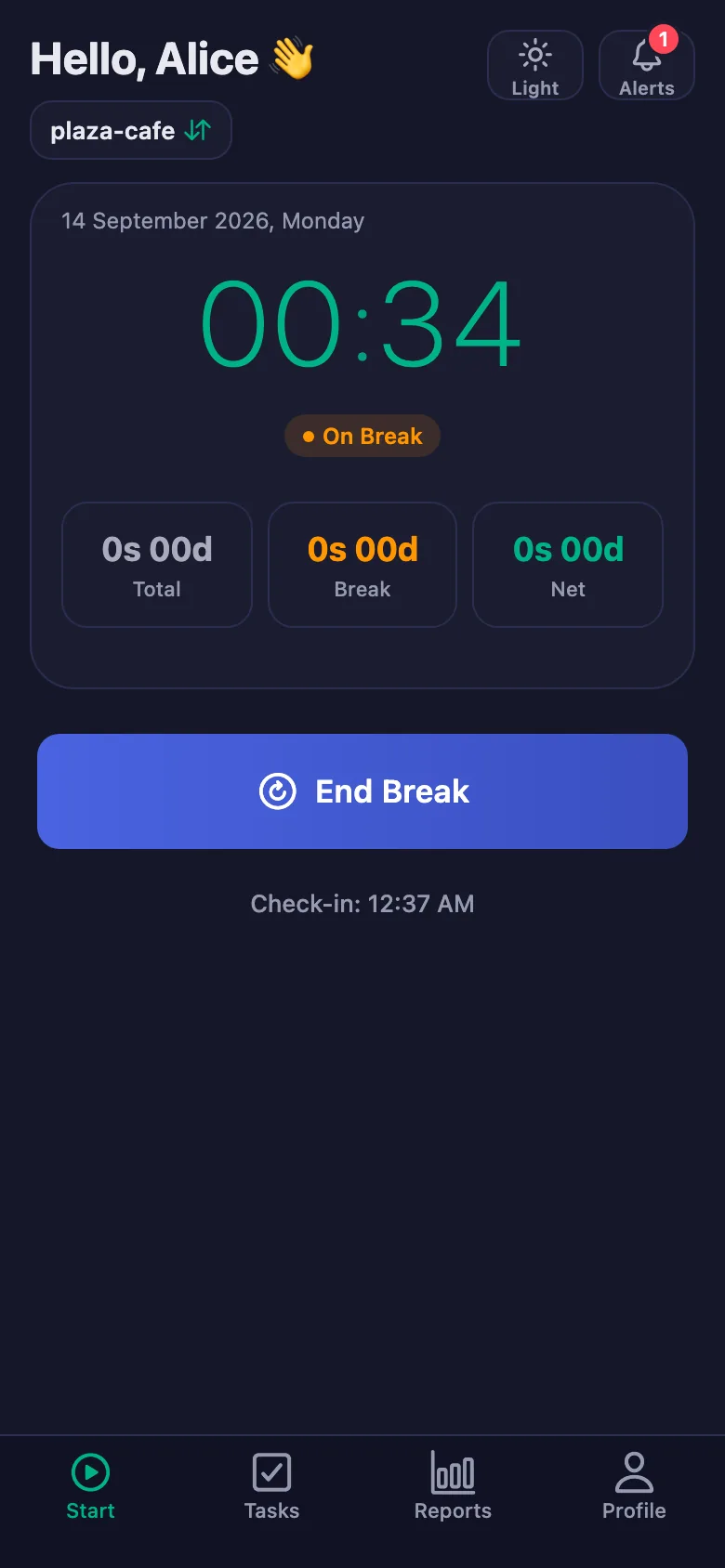 The break is counted separately and taken off the net time.
