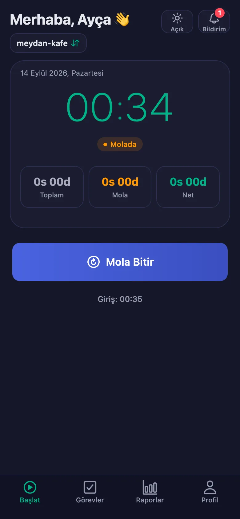 Mola ayrı sayılıyor ve net süreden düşülüyor.