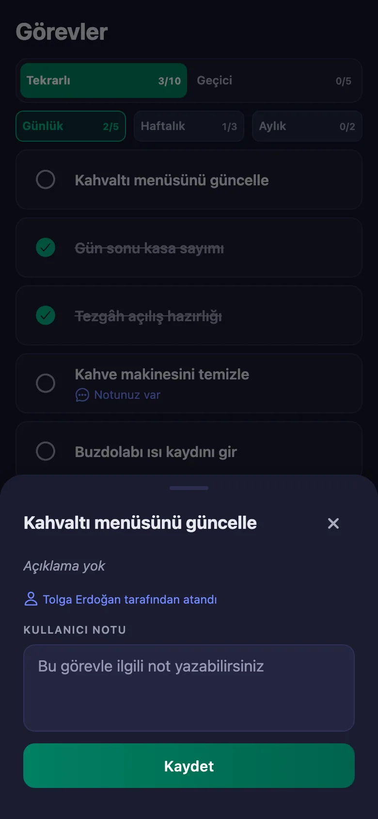 Hangi makine, ne oldu — kısa bir not; işletme sahibi okuyor ama değiştiremiyor.