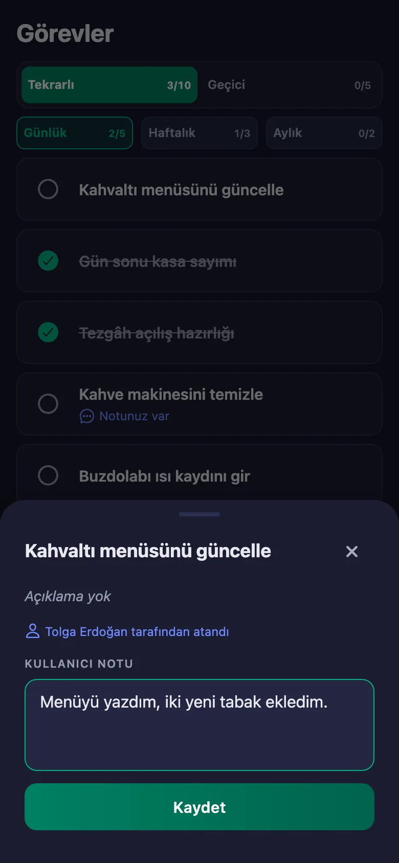 Hangi makine, ne oldu — kısa bir not; işletme sahibi okuyor ama değiştiremiyor.