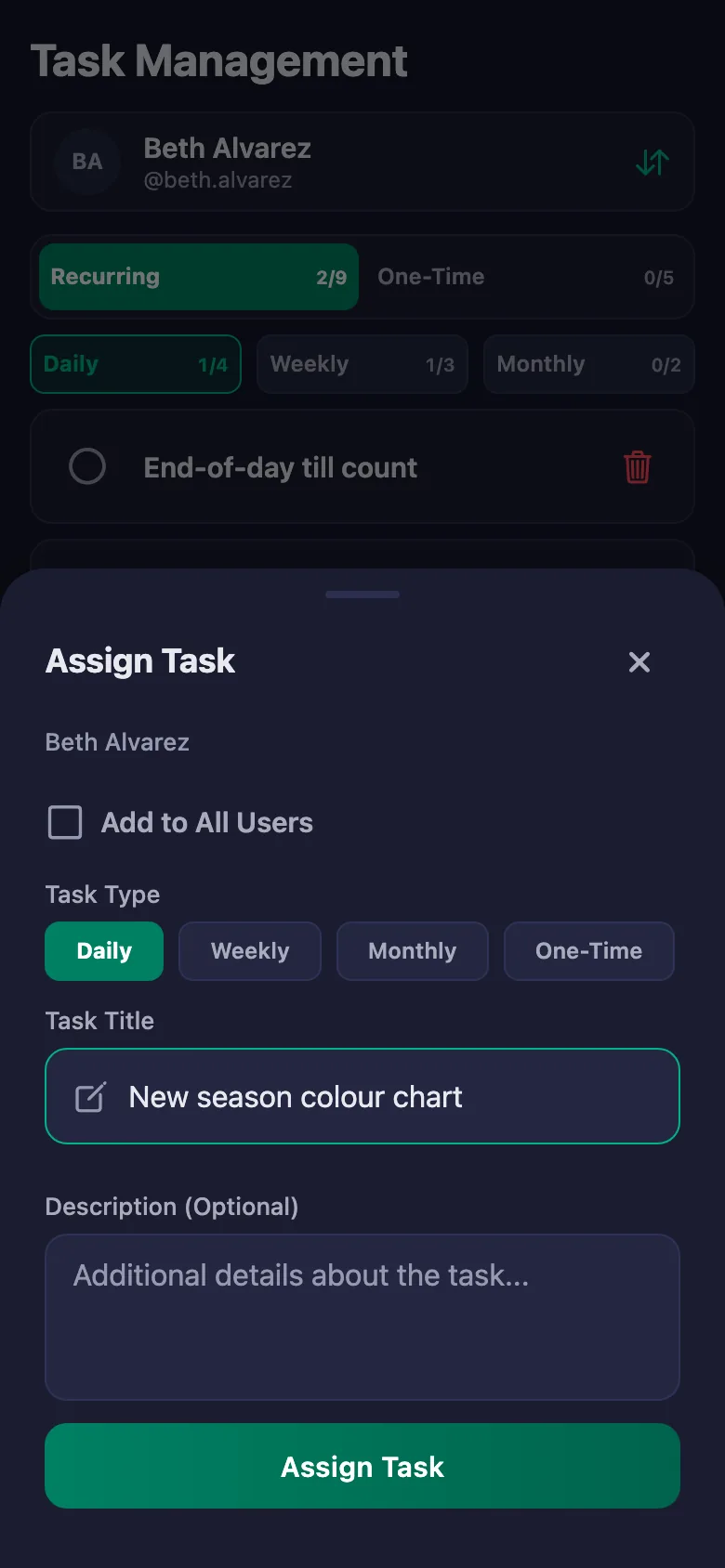 You add the daily jobs one by one, and see your staff's note in the same place.