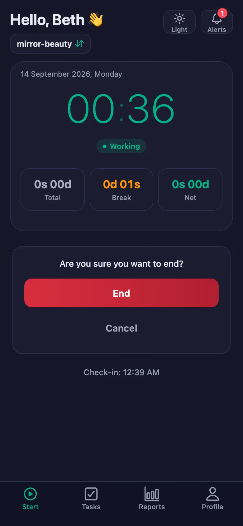 After you confirm, the day's total and net time appear.