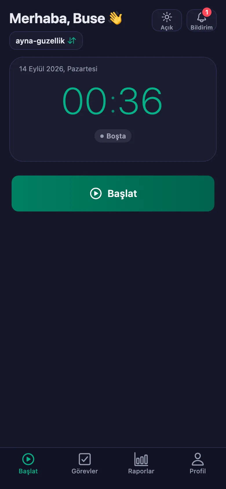 Tek dokunuş; süre saniye saniye işlemeye başlıyor.