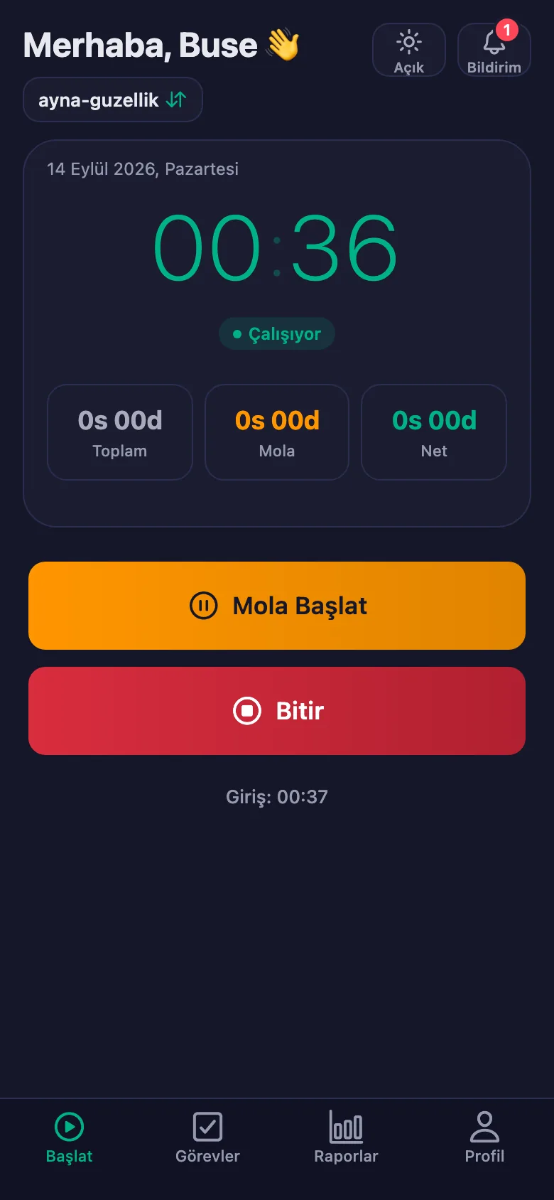 Tek dokunuş; süre saniye saniye işlemeye başlıyor.