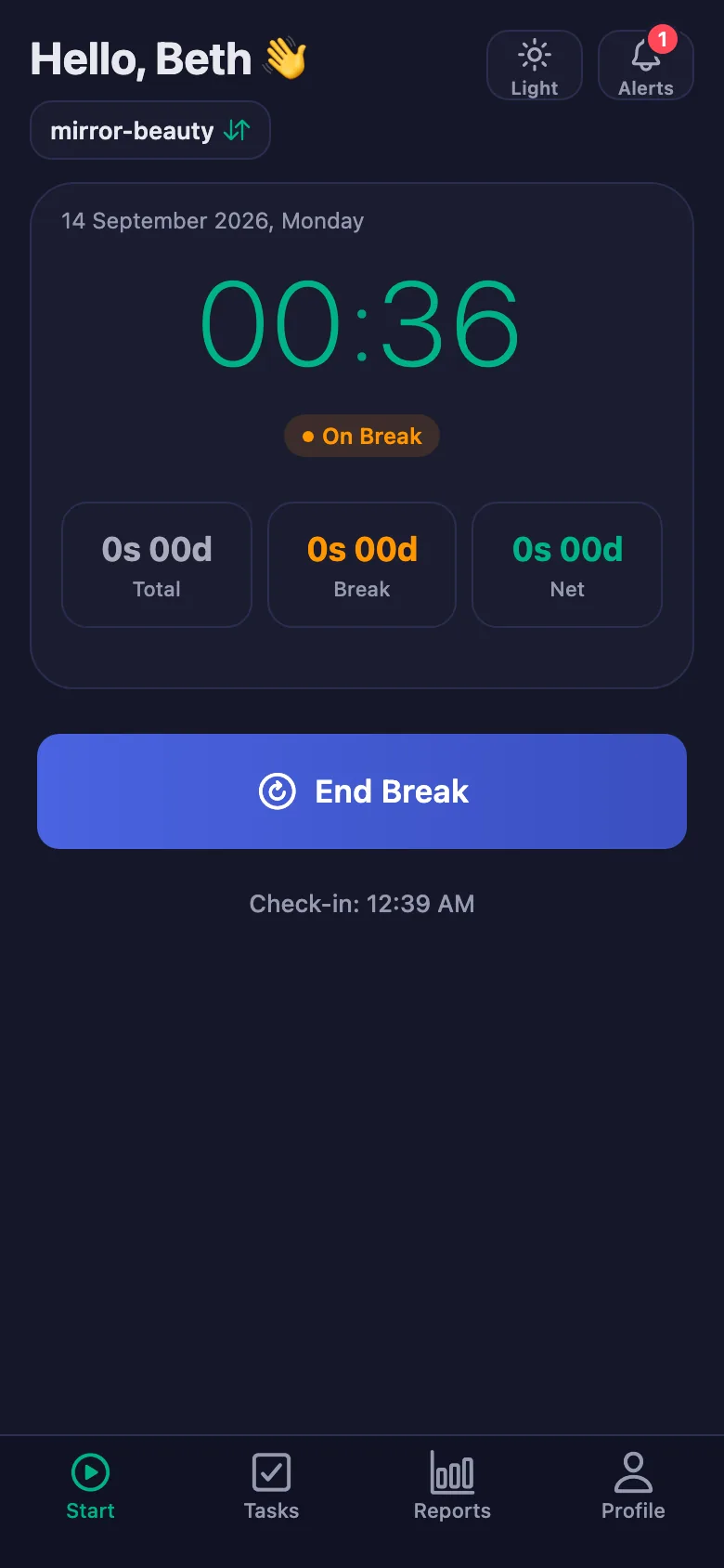 The break is counted separately and taken off the net time.