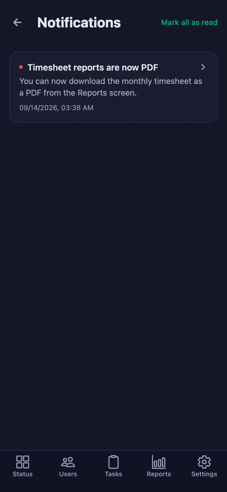 You download the report as a PDF; notifications can also go to Telegram if you want.