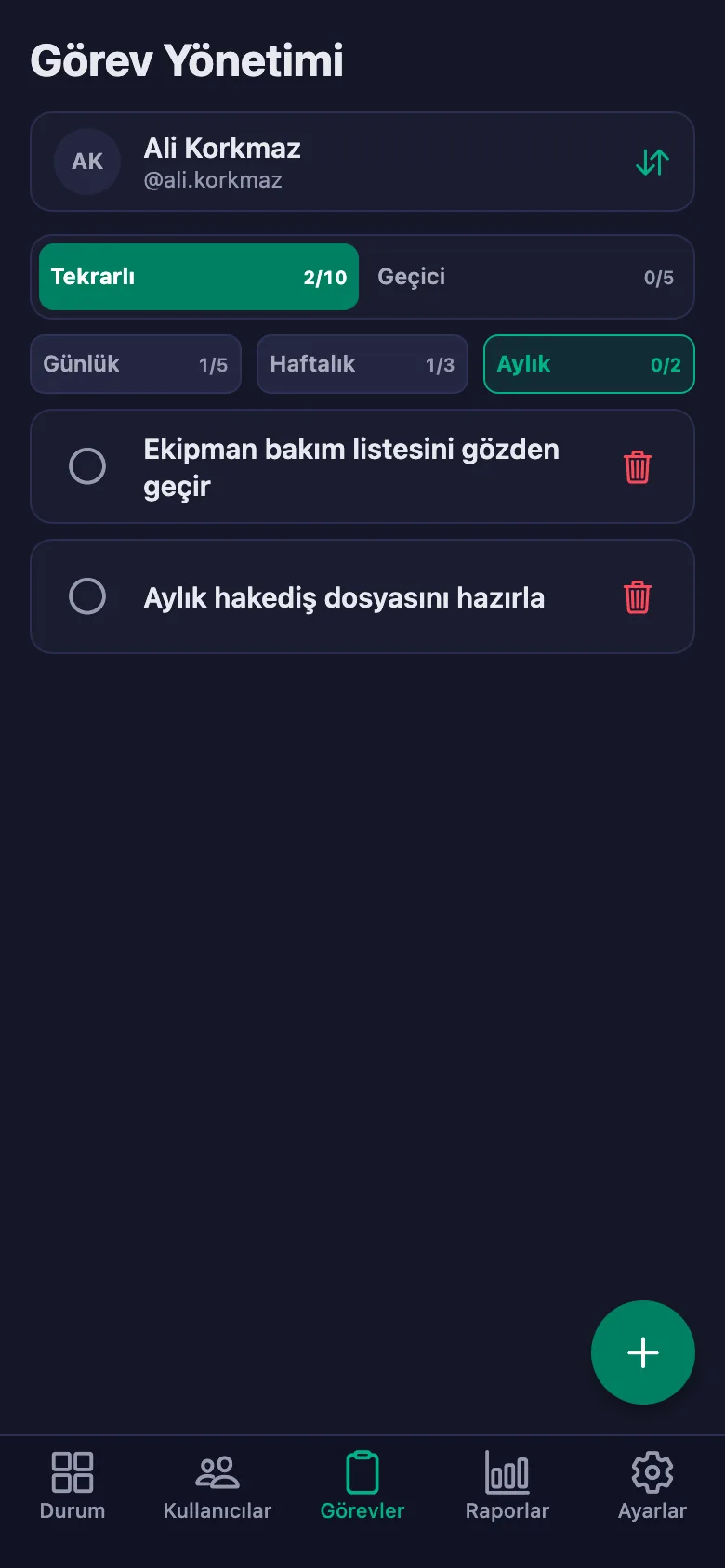 Günlük güvenlik kontrollerini madde madde ekliyor, ekibin yazdığı notu aynı yerde görüyorsunuz.