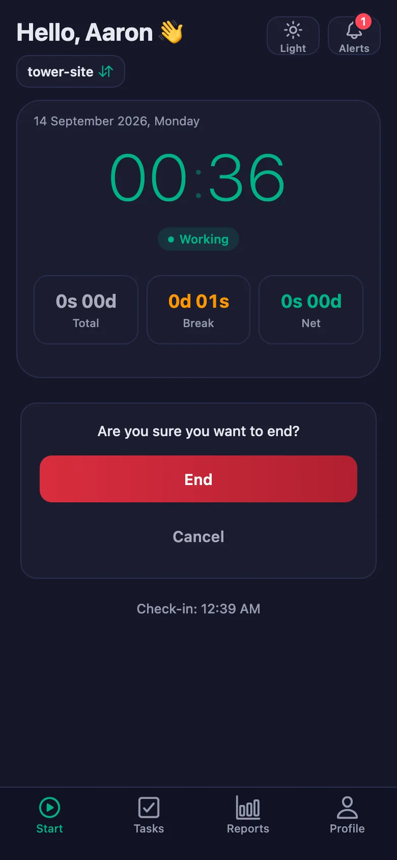 After you confirm, the day's total and net time appear.