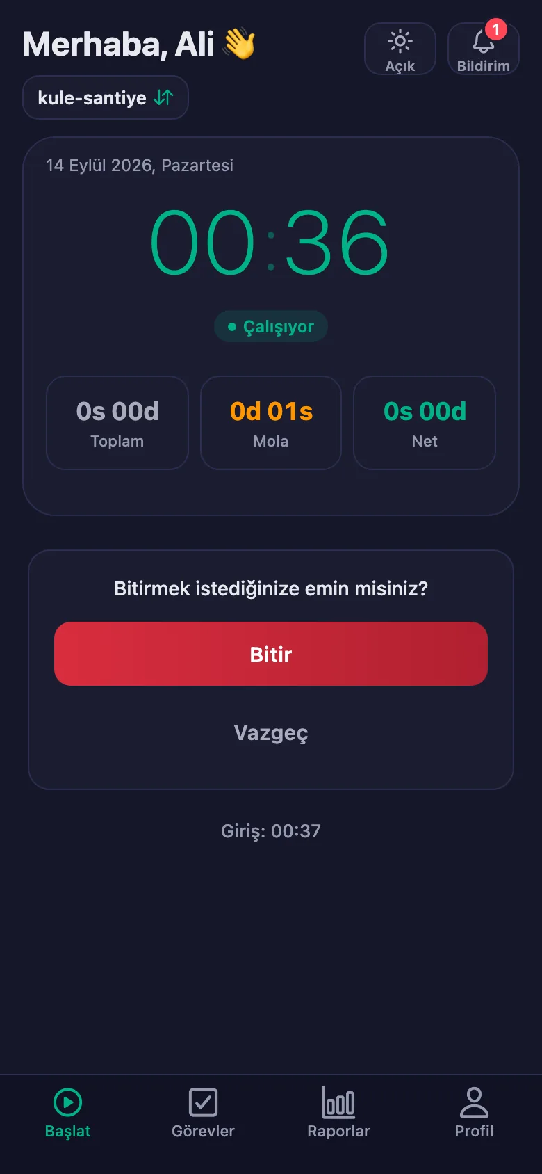 Onaydan sonra günün toplamı ve net süresi görünüyor.