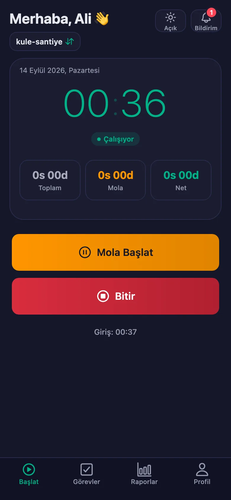 Tek dokunuş; süre saniye saniye işlemeye başlıyor.