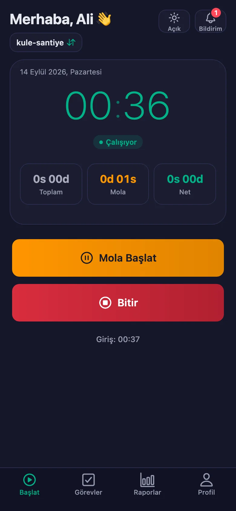 Mola ayrı sayılıyor ve net süreden düşülüyor.