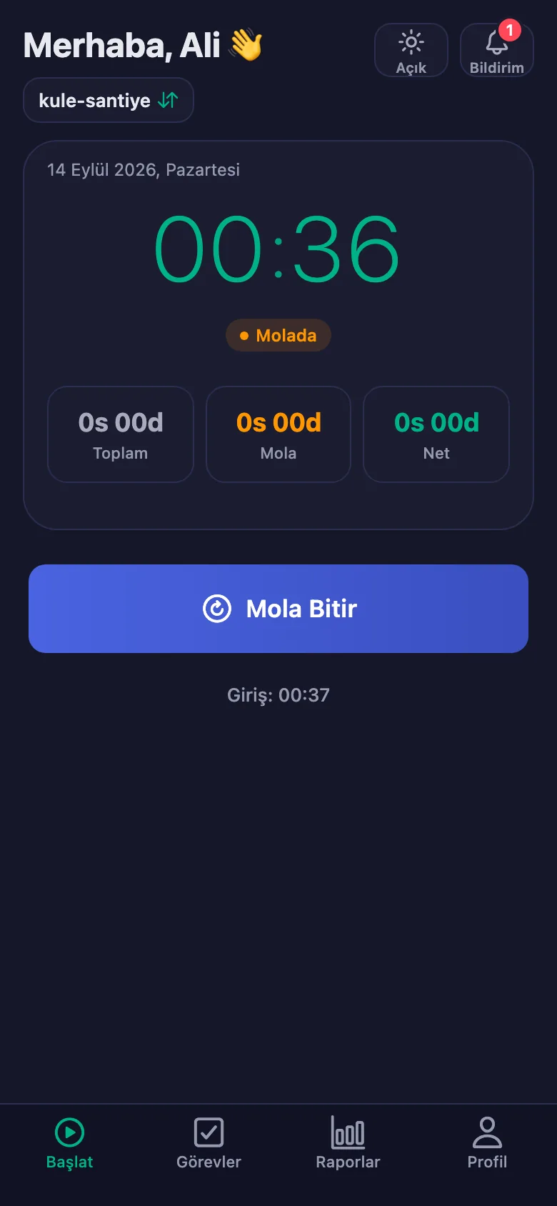 Mola ayrı sayılıyor ve net süreden düşülüyor.