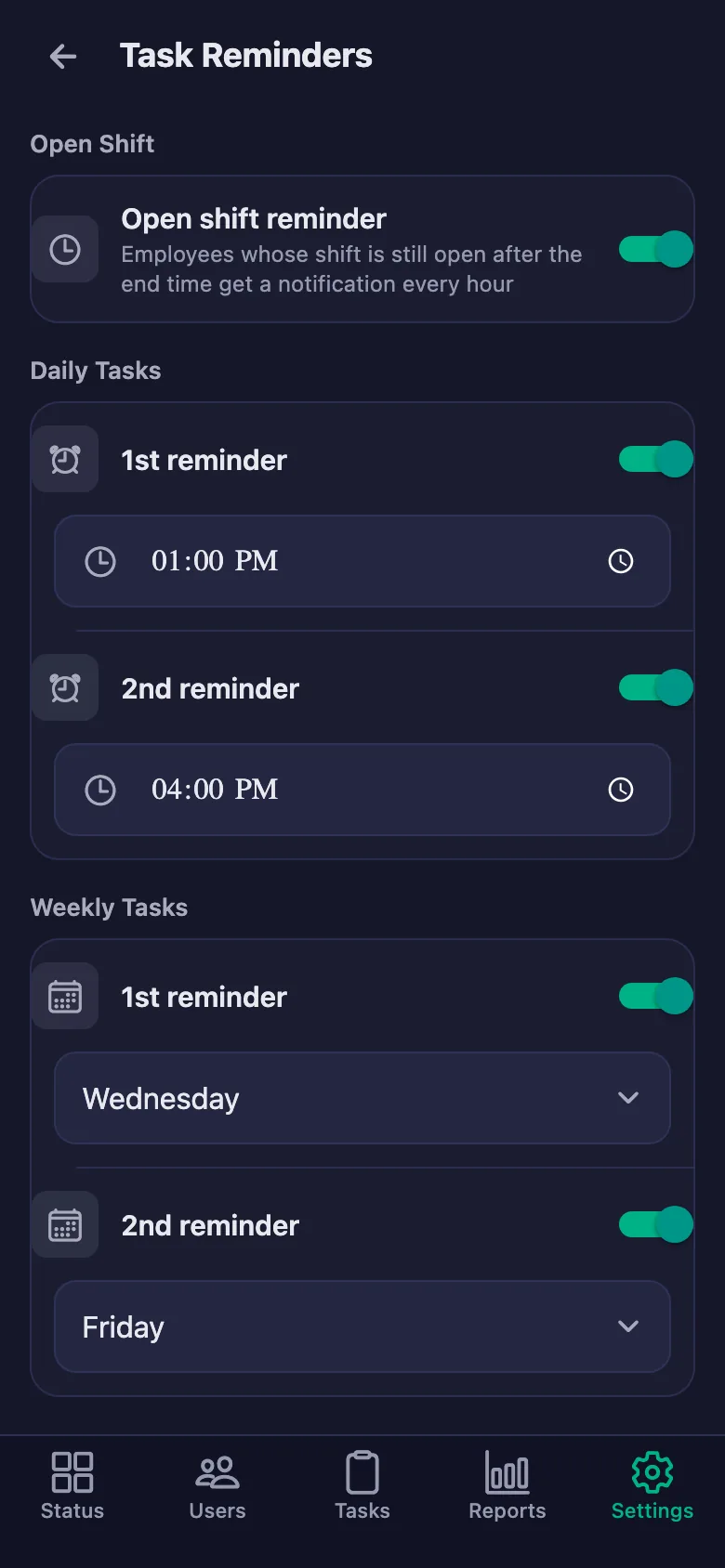 Six separate slots; if a check is skipped, a notification lands on the phone.
