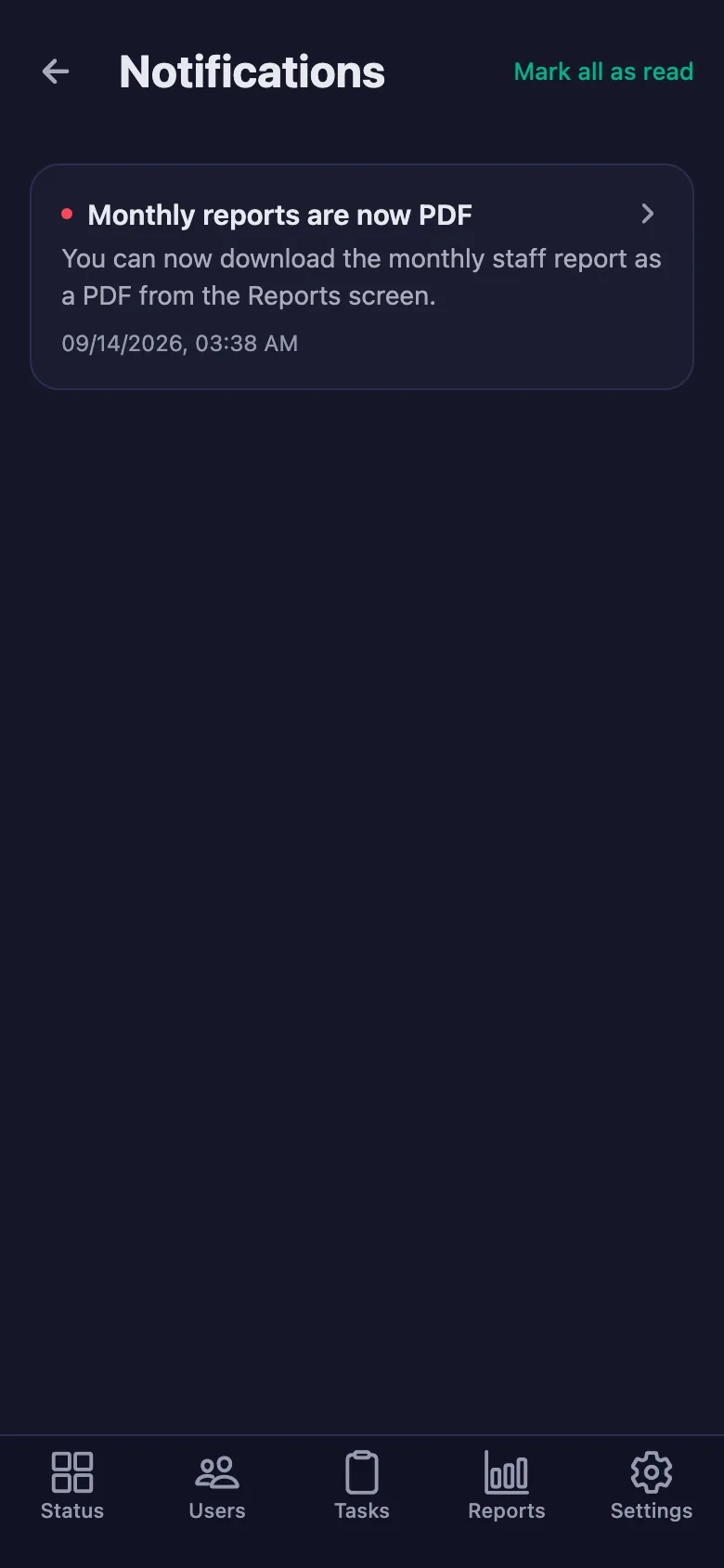 You download the report as a PDF; notifications can also go to Telegram if you want.