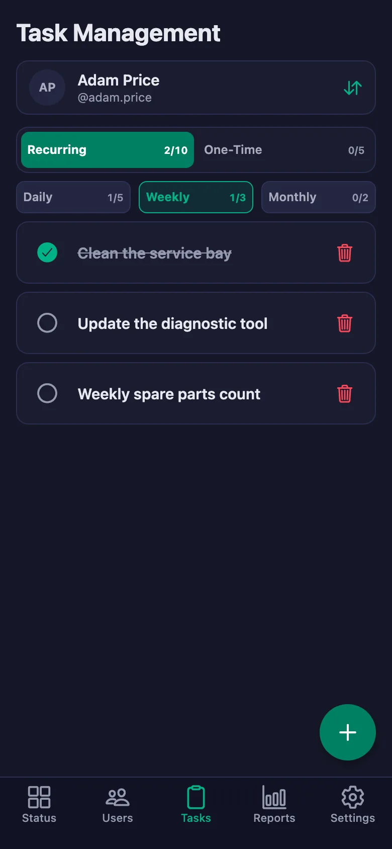 You add the daily work and equipment checks one by one, and see the technician's note in the same place.