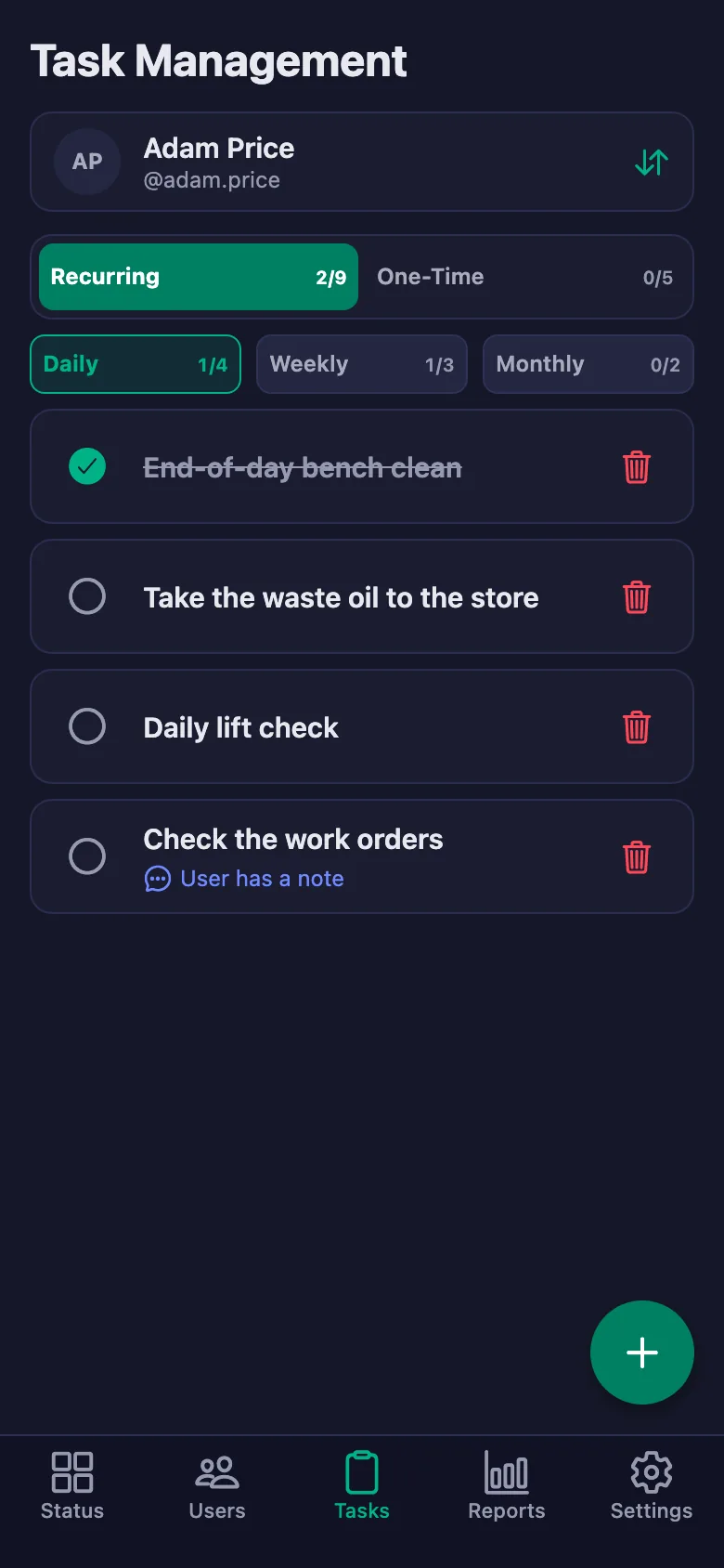 You add the daily work and equipment checks one by one, and see the technician's note in the same place.