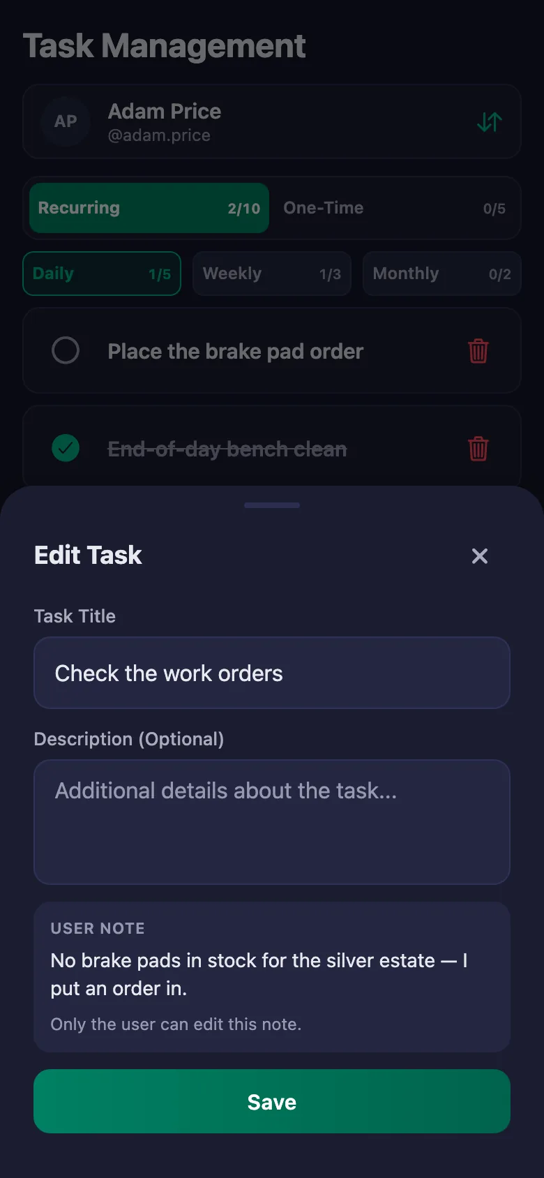 You add the daily work and equipment checks one by one, and see the technician's note in the same place.