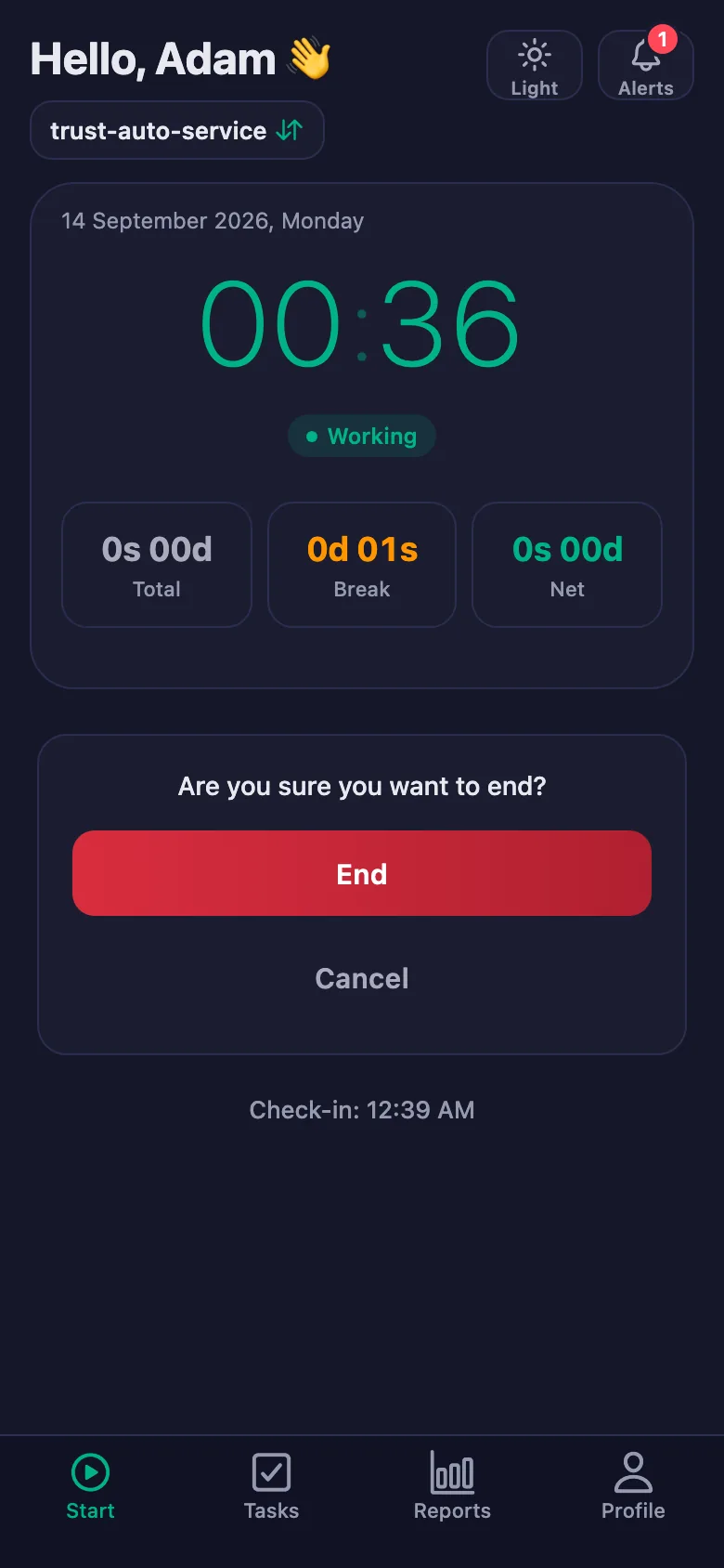 After you confirm, the day's total and net time appear.