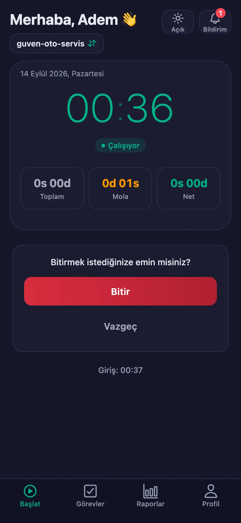 Onaydan sonra günün toplamı ve net süresi görünüyor.