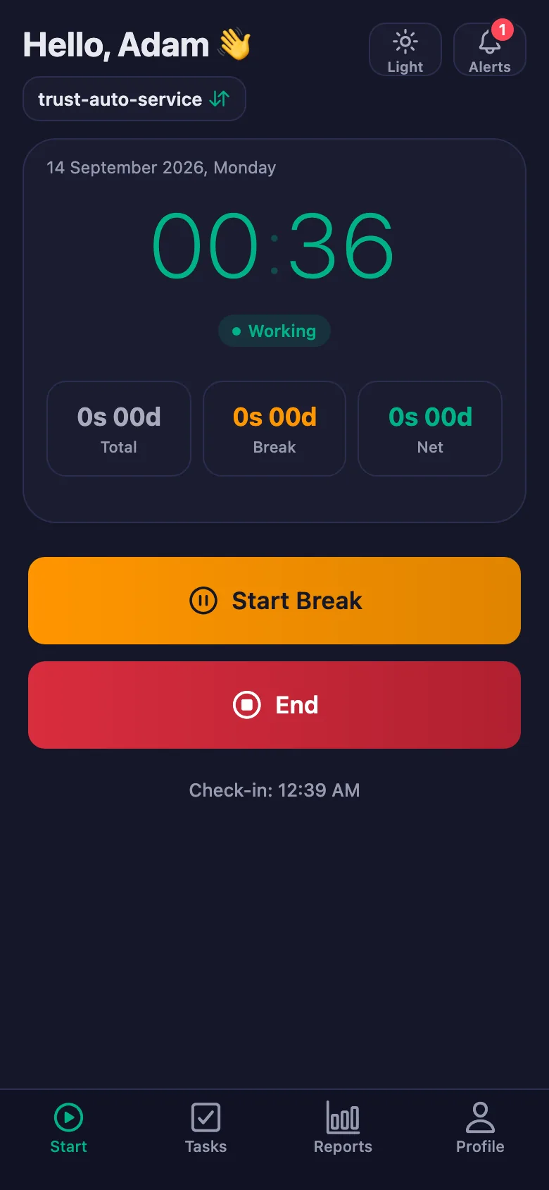One tap; the timer starts running second by second.