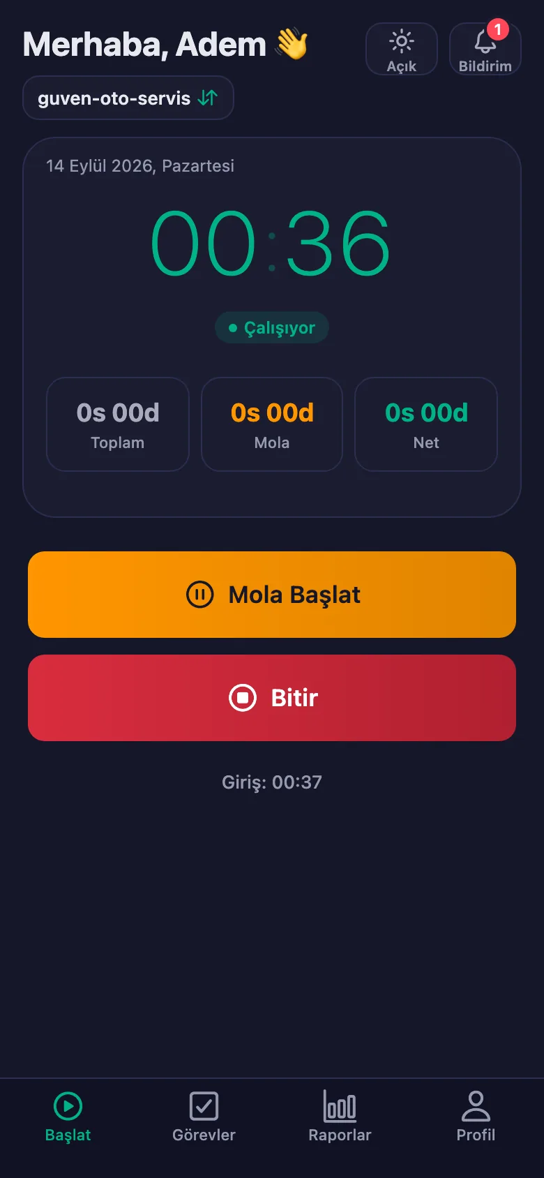 Tek dokunuş; süre saniye saniye işlemeye başlıyor.