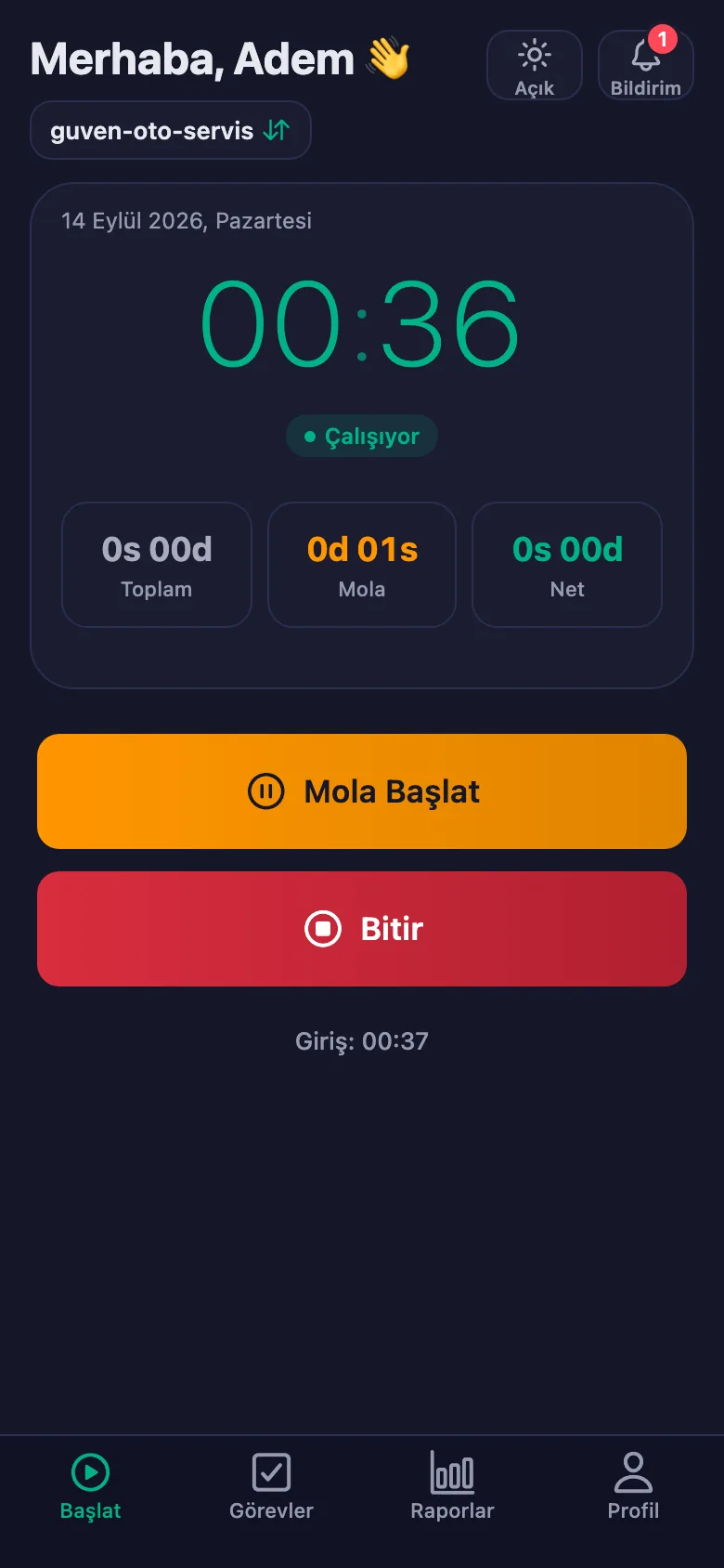 Mola ayrı sayılıyor ve net süreden düşülüyor.